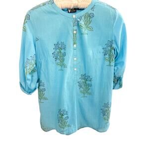 Madison Mathews Blue Cotton Floral Block Print Tunic Blouse Size M